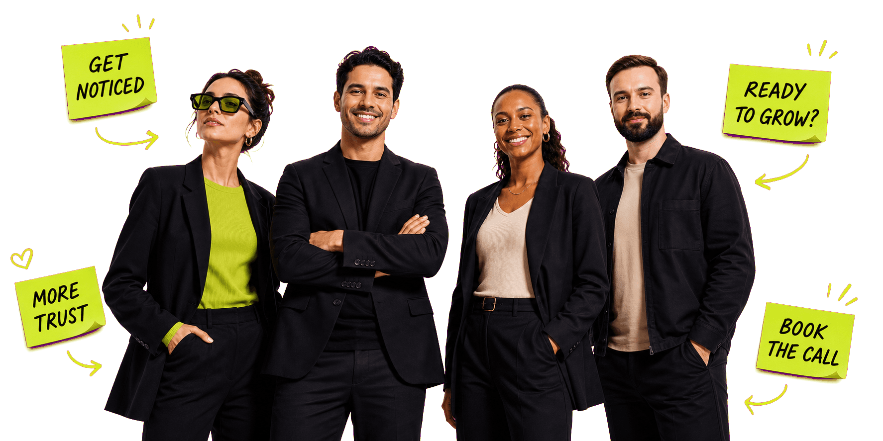 Digital Aura marketing team with attention-focused sticky notes